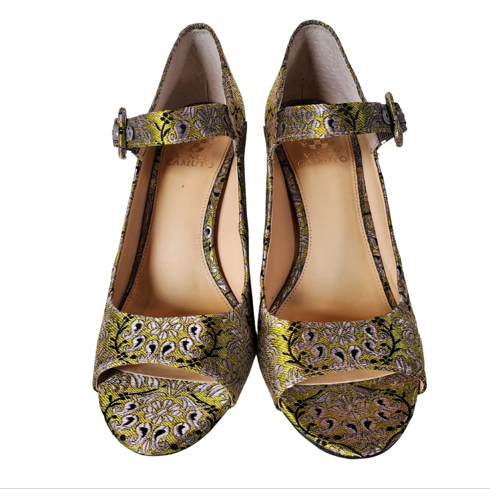 Vince Camuto Sandals Selmer Green & Silver Silky Floral Shoes Size 9.5